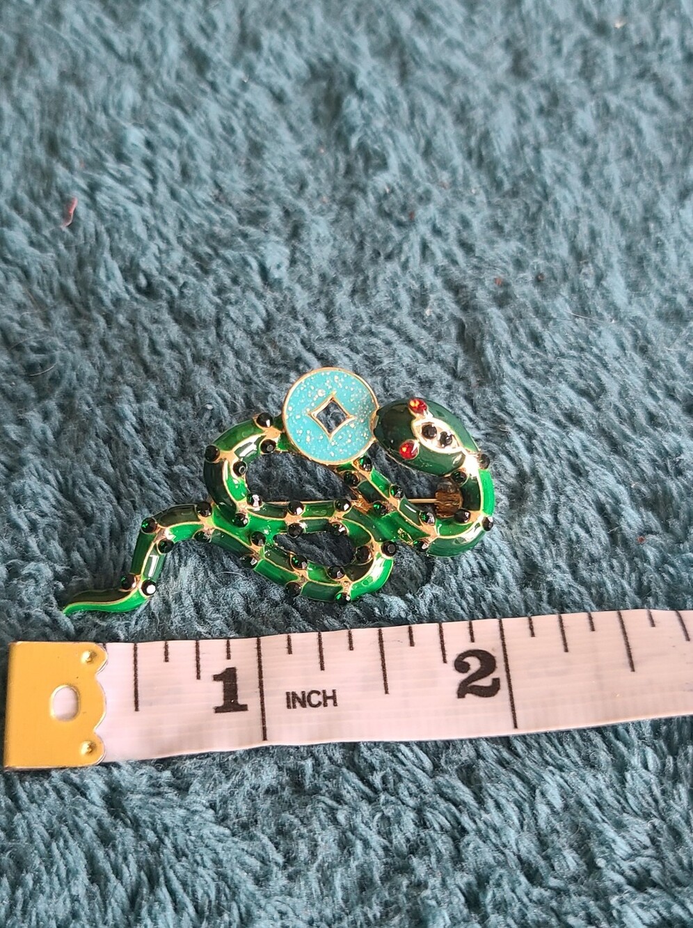 Vintage Green Enamel Snake Brooch with Turquoise Accent - Picture 5 of 6